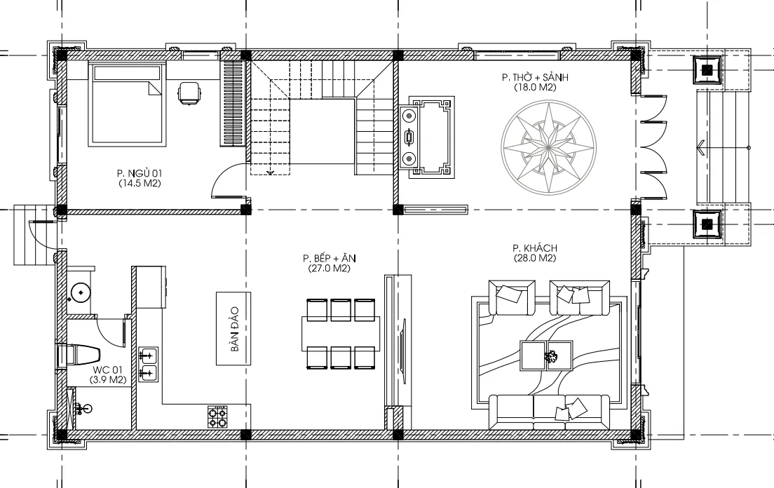 mặt bằng nhà phố tân cổ điển mái Mansard