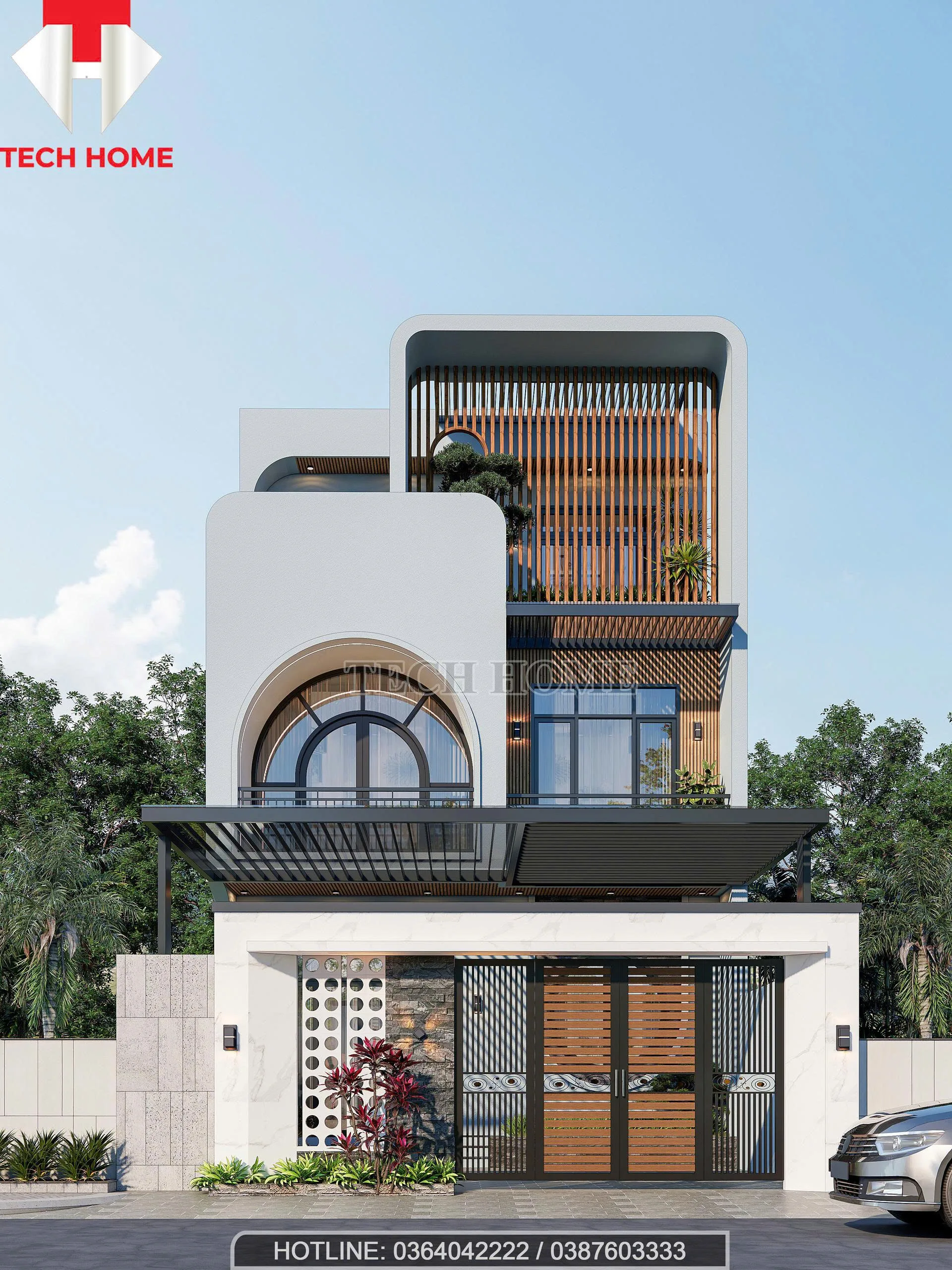 mẫu nhà phố mái bằng 2 tầng 1 tum hiện đại
