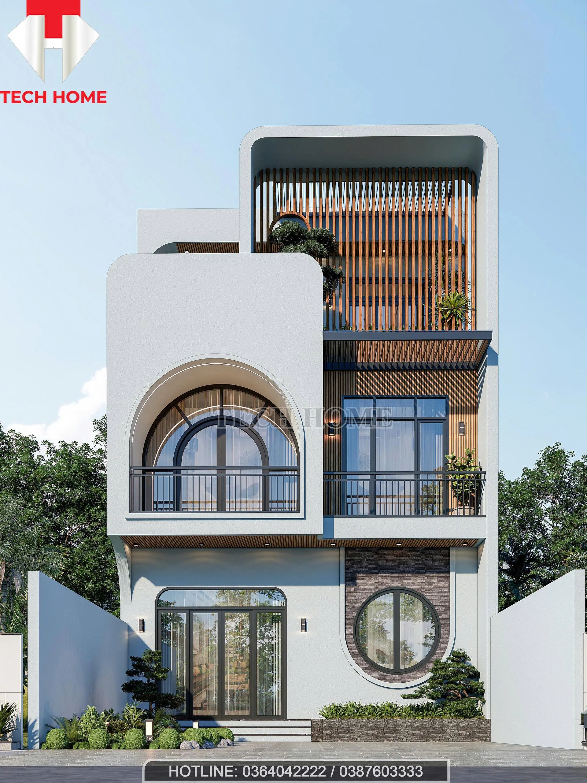 mẫu nhà phố mái bằng 2 tầng 1 tum hiện đại