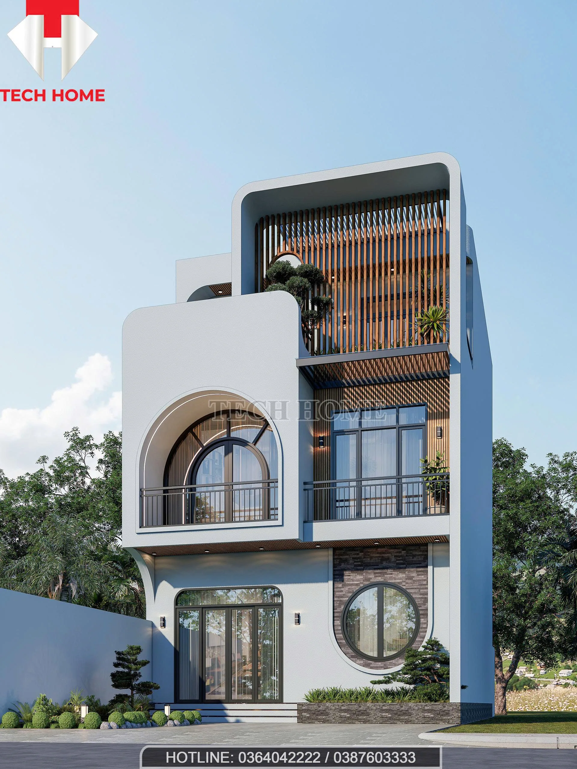 mẫu nhà phố mái bằng 2 tầng 1 tum hiện đại