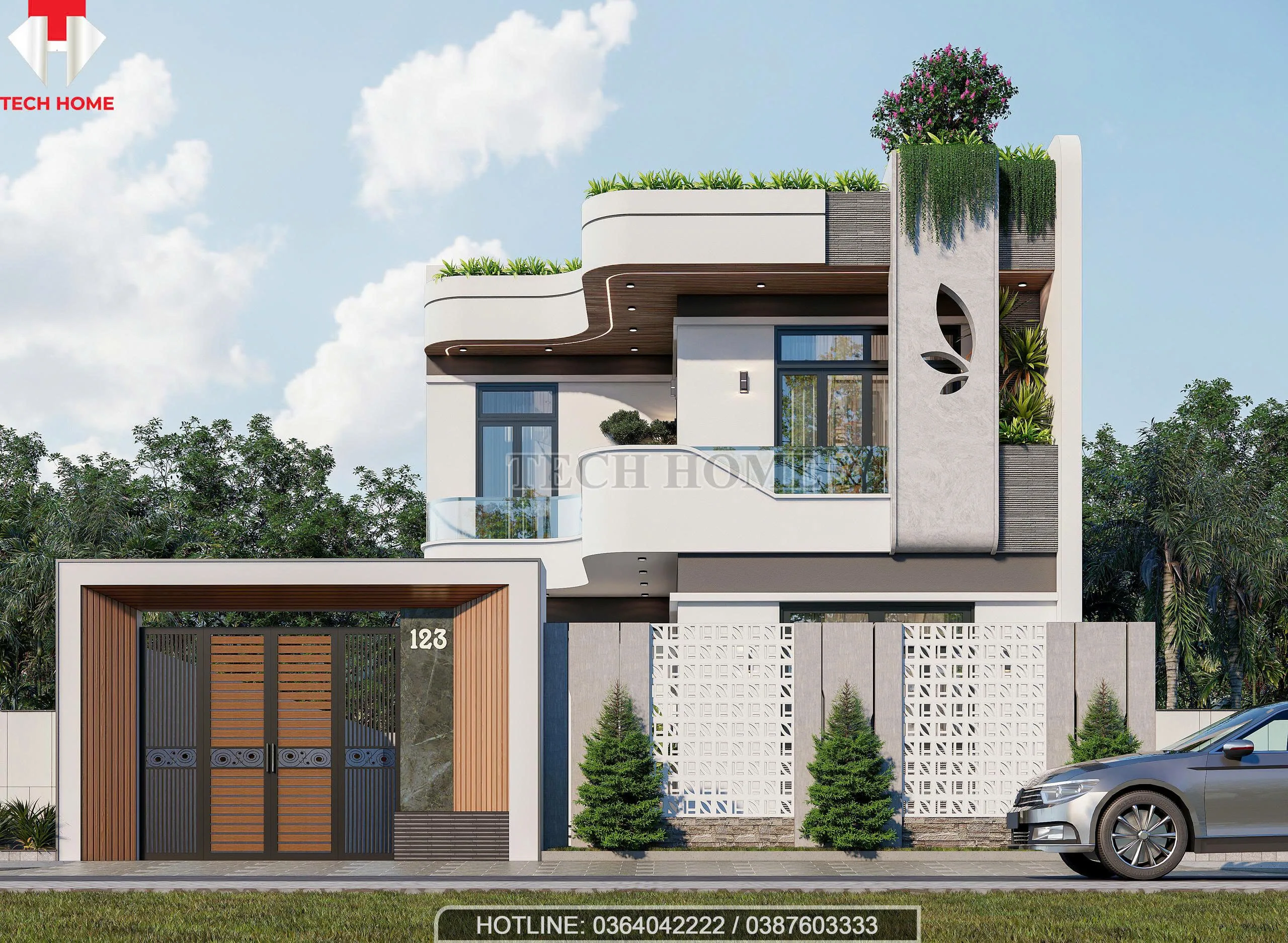 nhà hiện đại mái bằng 2 tầng