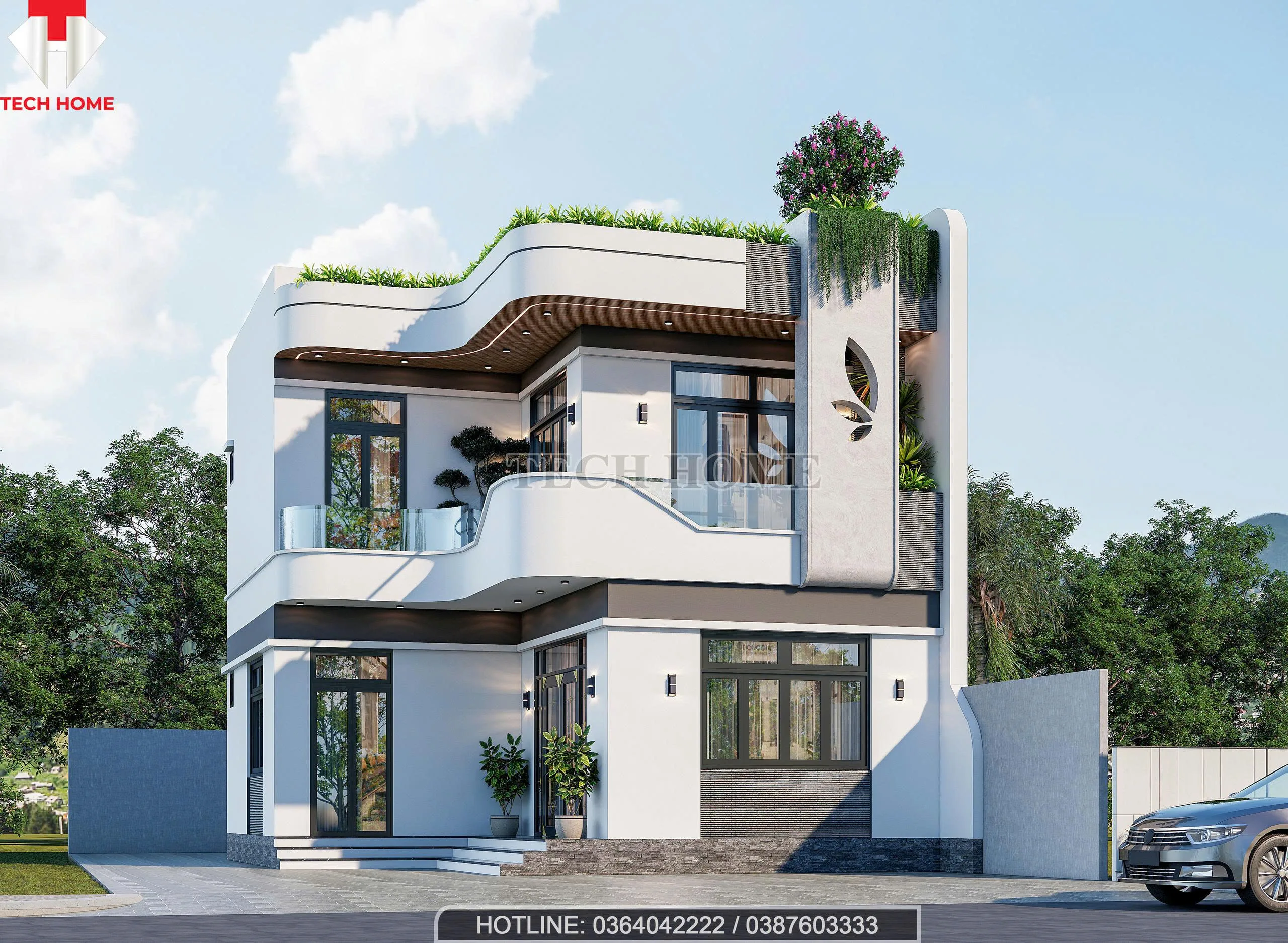 nhà hiện đại mái bằng 2 tầng