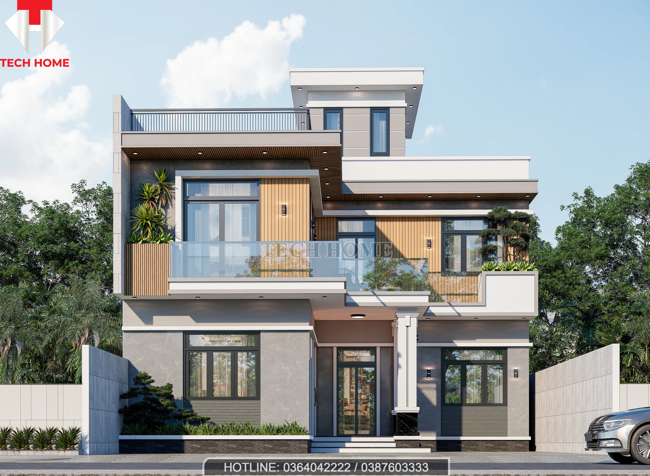 nhà mái bằng 2 tầng 1 tum