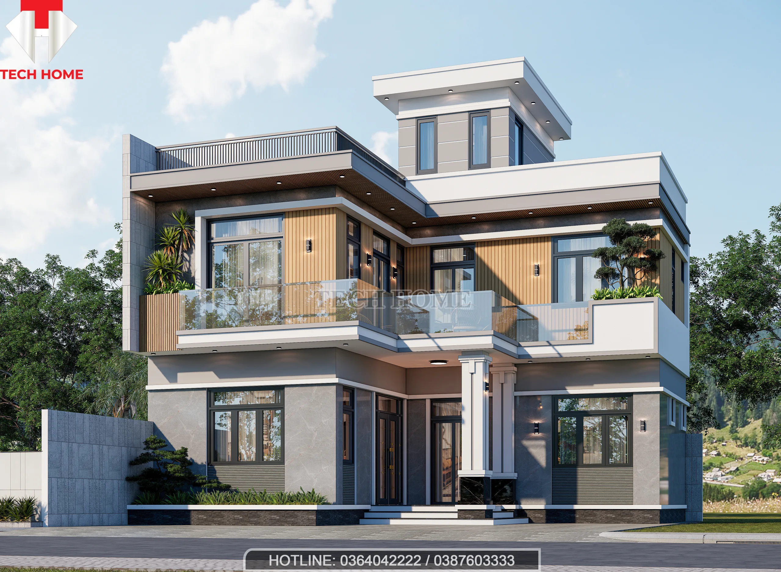 nhà mái bằng 2 tầng 1 tum