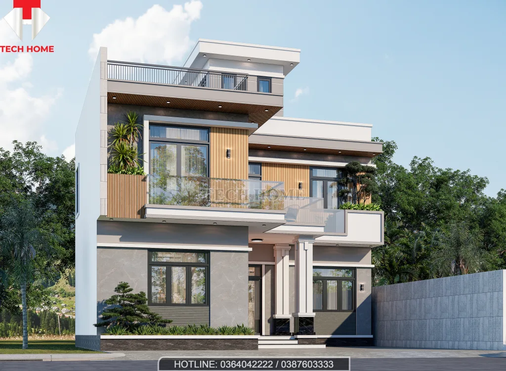 nhà mái bằng 2 tầng 1 tum