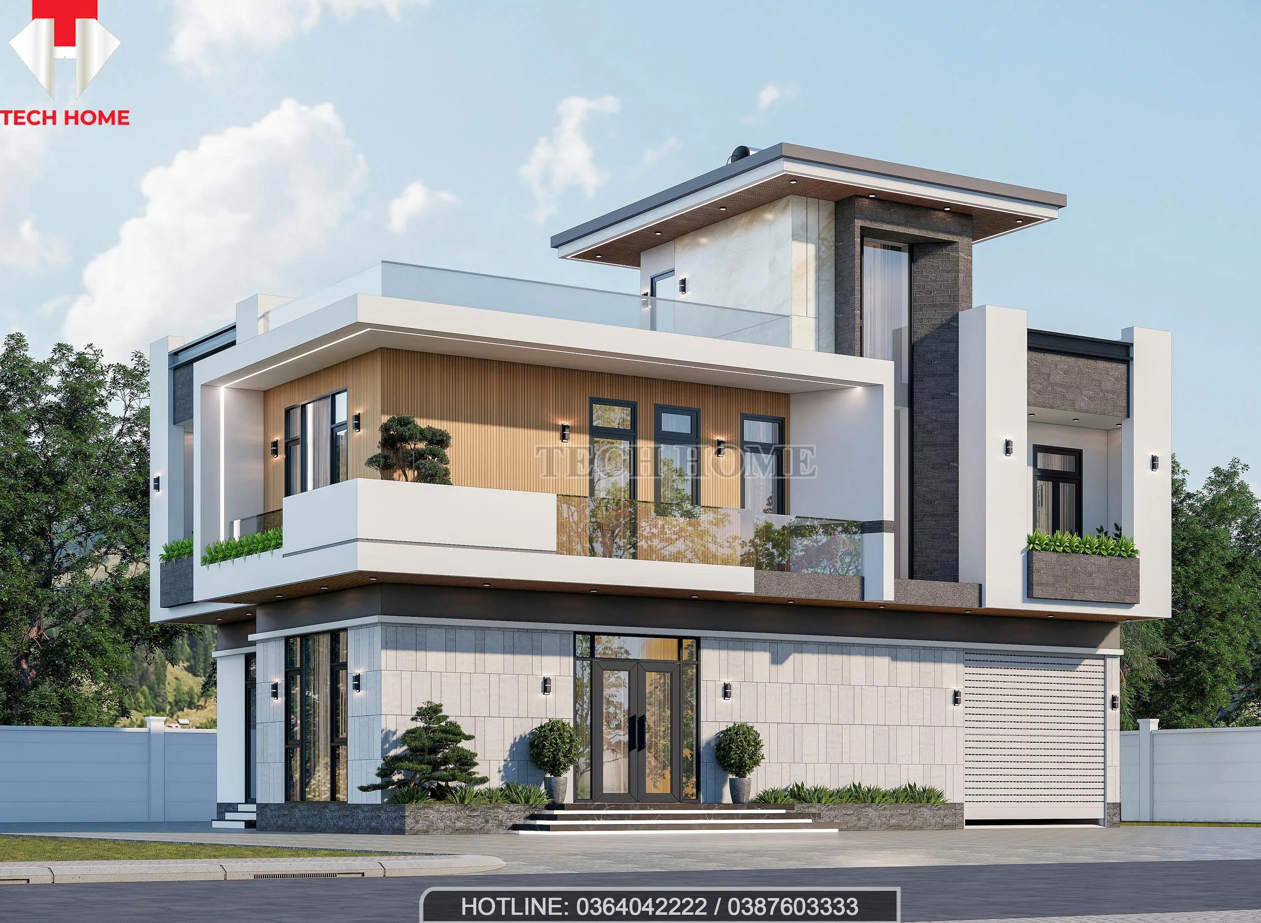 nhà mái bằng 2 tầng 1 tum