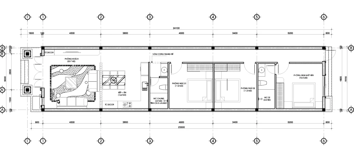 mặt bằng mẫu nhà cấp 4 mái Thái 5x24m