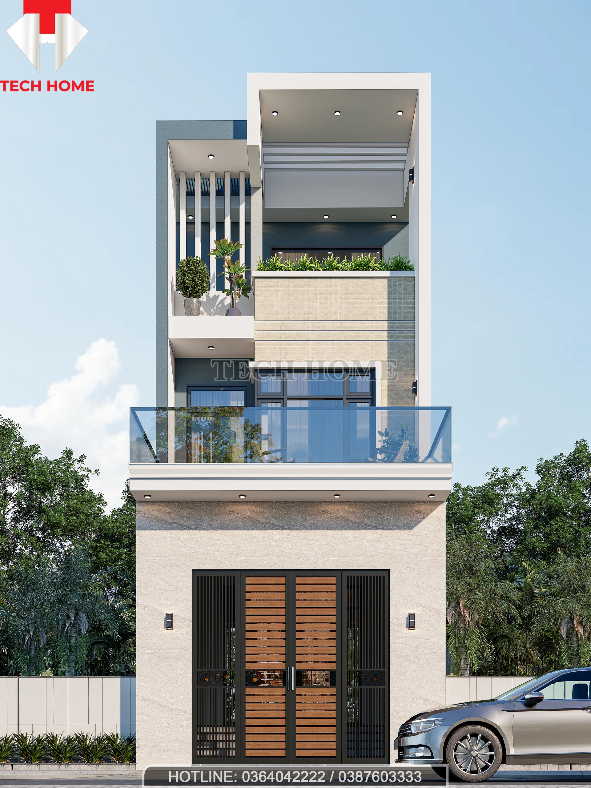 mẫu nhà phố 2 tầng 1 tum 5x20m