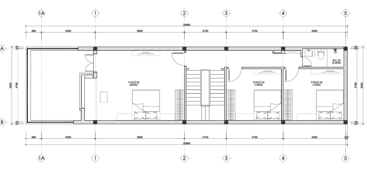 mặt bằng mẫu nhà phố 2 tầng 1 tum 5x20m