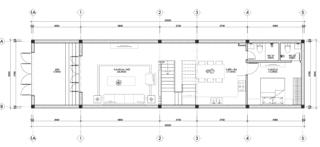 mặt bằng mẫu nhà phố 2 tầng 1 tum 5x20m