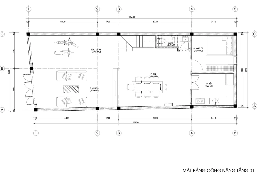 mặt bằng nhà phố 3 tầng hiện đại