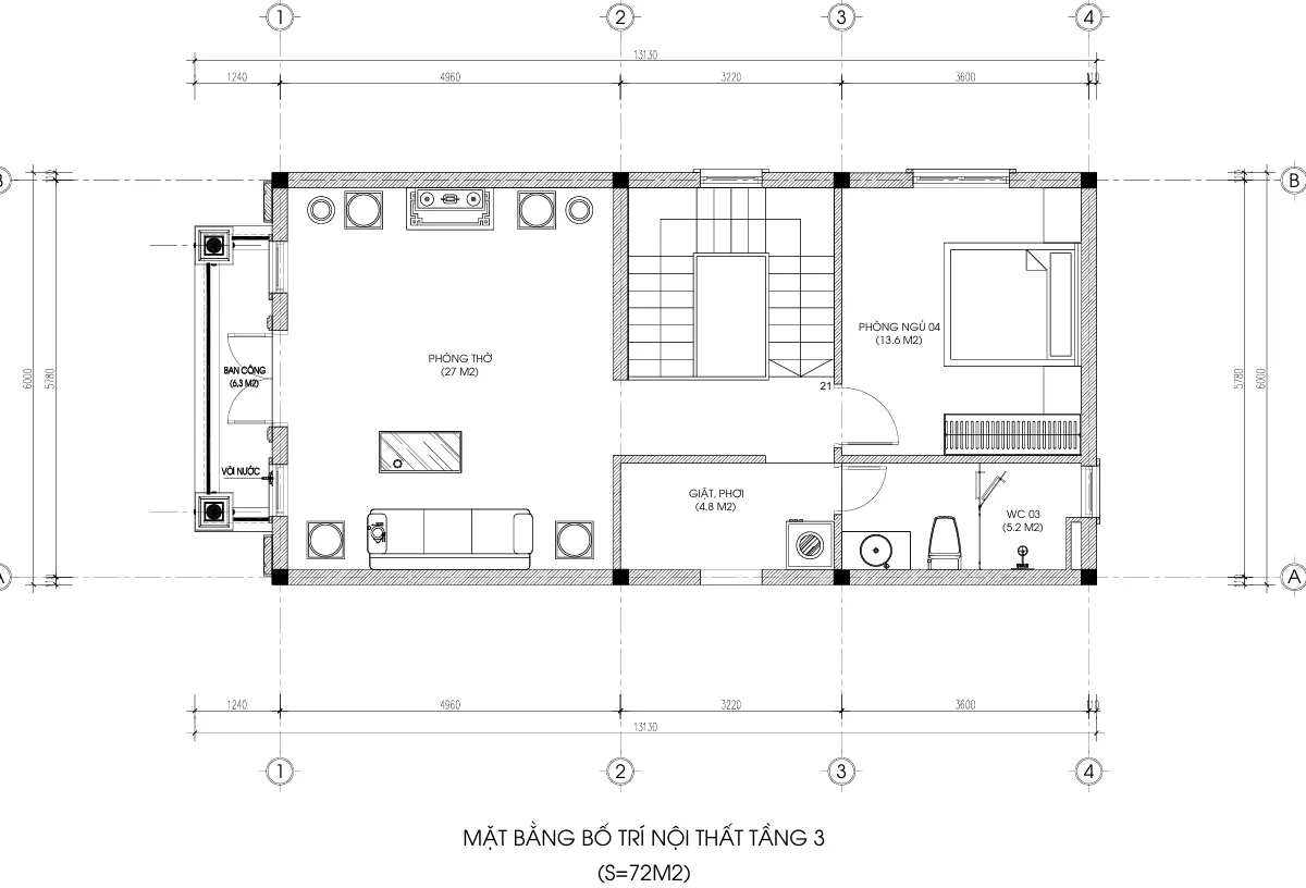 mặt bằng nhà phố tân cổ điển 3 tầng