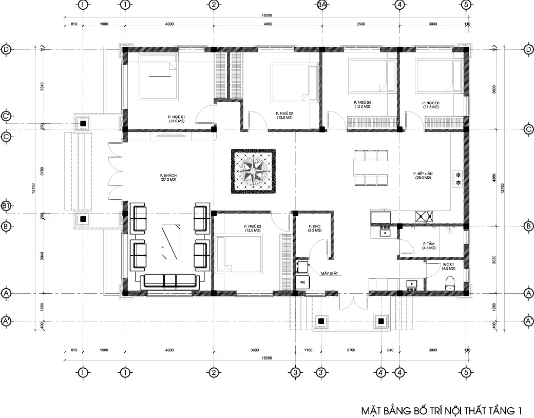 mặt bằng nhà vườn mái Nhật 1 tầng 5 phòng ngủ