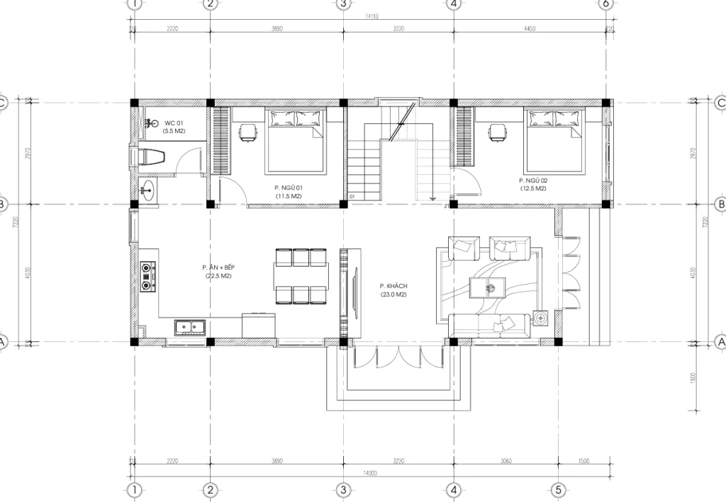 mặt bằng thiết kế nhà 2 tầng 1 tum