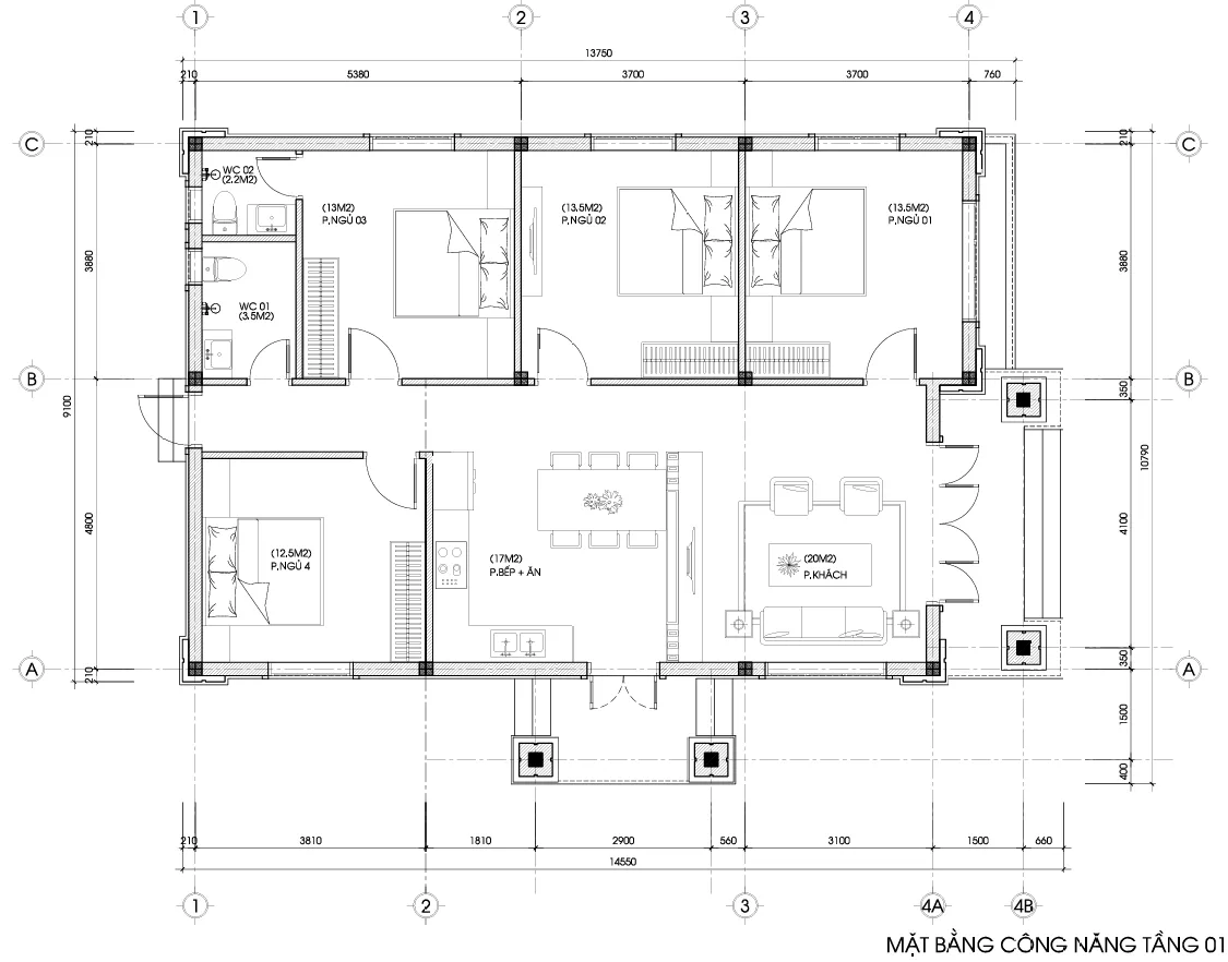 mặt bằng nhà cấp 4 mái Nhật