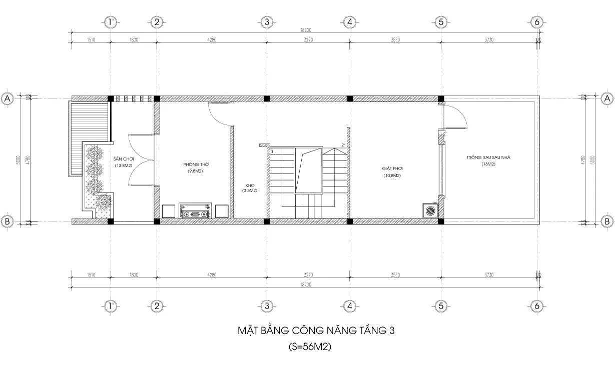 mặt bằng thiết kế nhà phố 3 tầng