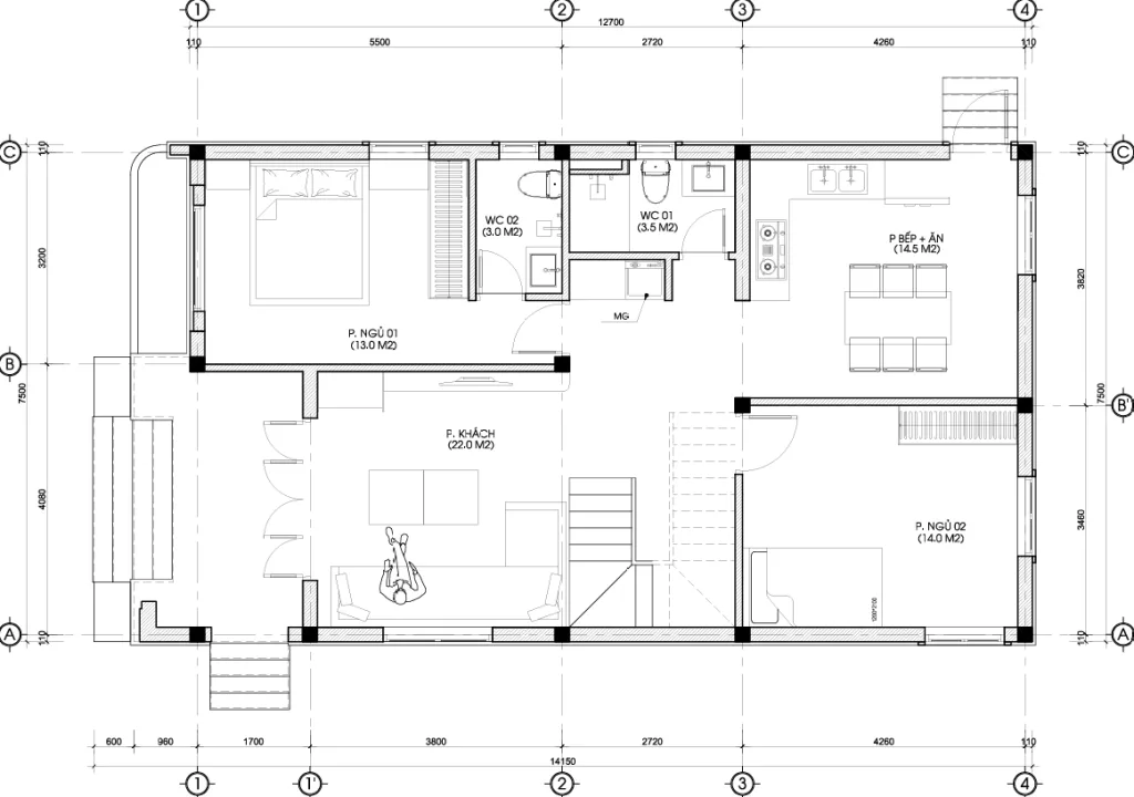 mặt bằng mẫu nhà cấp 4 mái Nhật