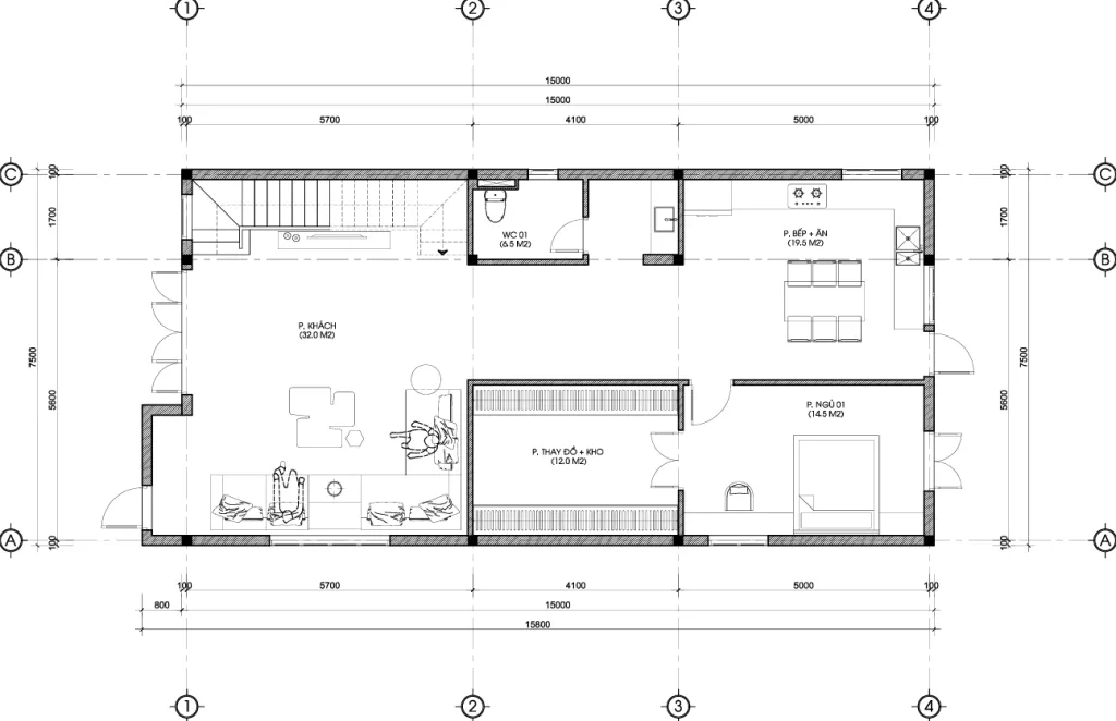 mặt bằng mẫu nhà phố 2 tầng 1 tum hiện đại