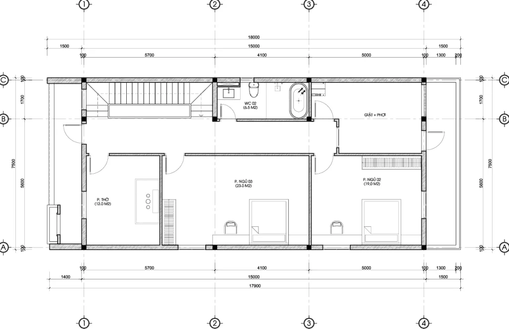 mặt bằng mẫu nhà phố 2 tầng 1 tum hiện đại