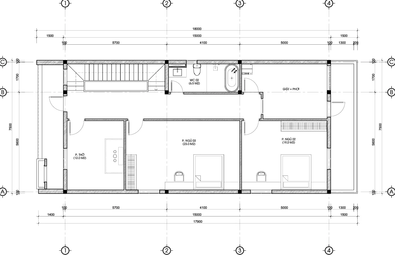 mặt bằng mẫu nhà phố 2 tầng 1 tum hiện đại
