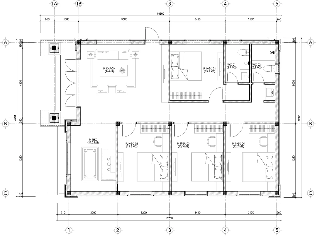 mặt bằng mẫu nhà vườn 1 tầng 4 phòng ngủ