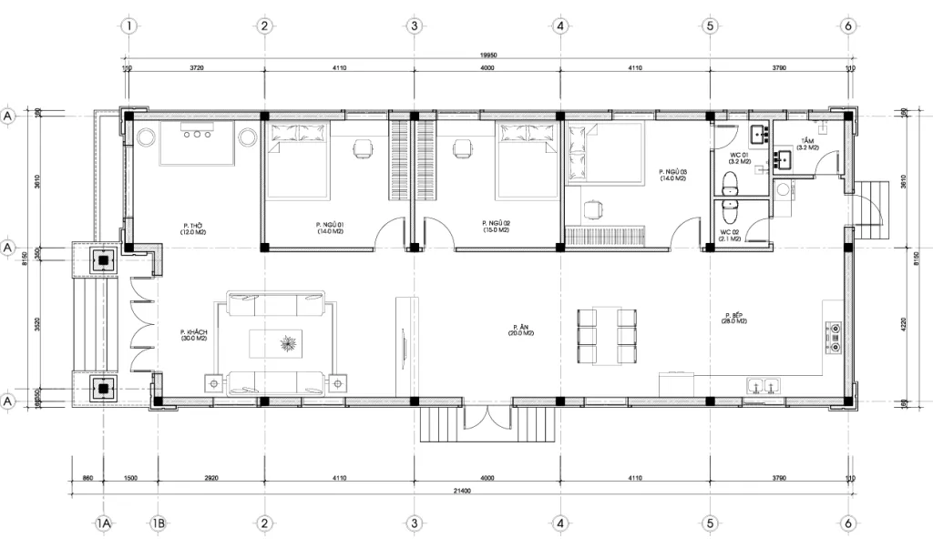 mặt bằng nhà cấp 4 mái Nhật