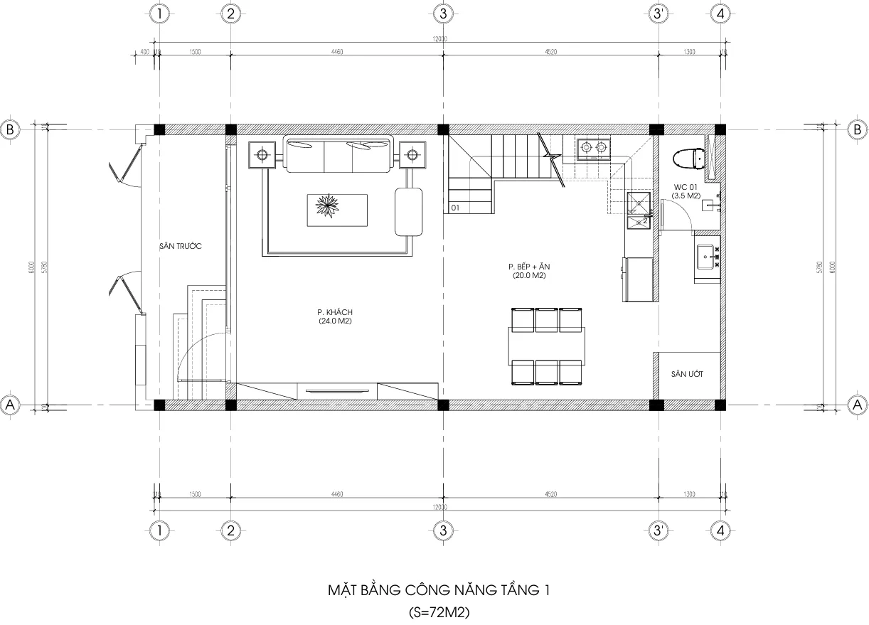 mặt bằng nhà phố 2 tầng 1 tum