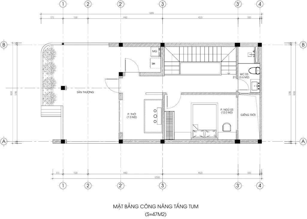 mặt bằng nhà phố 2 tầng 1 tum