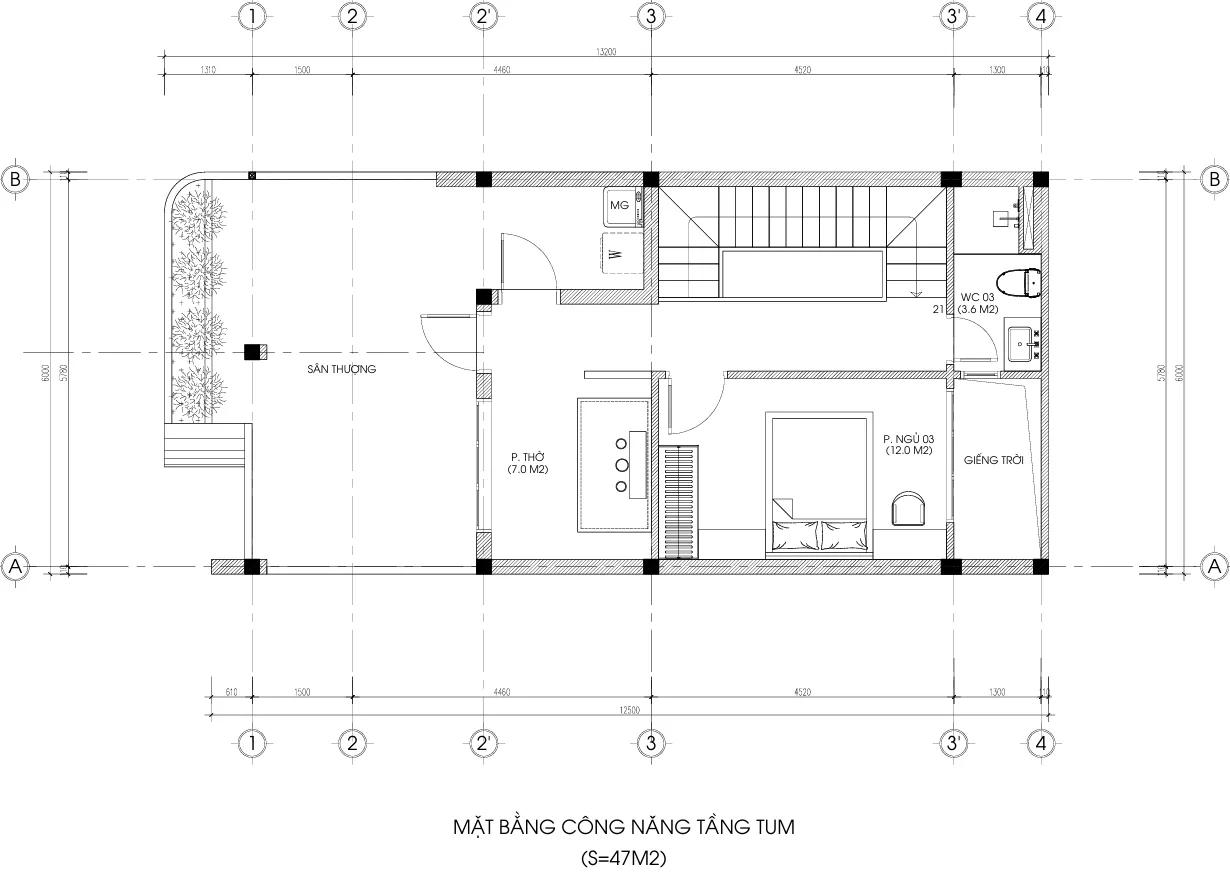mặt bằng nhà phố 2 tầng 1 tum