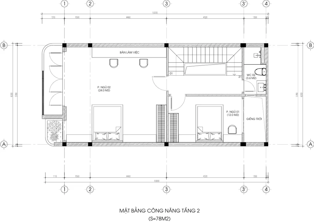 mặt bằng nhà phố 2 tầng 1 tum
