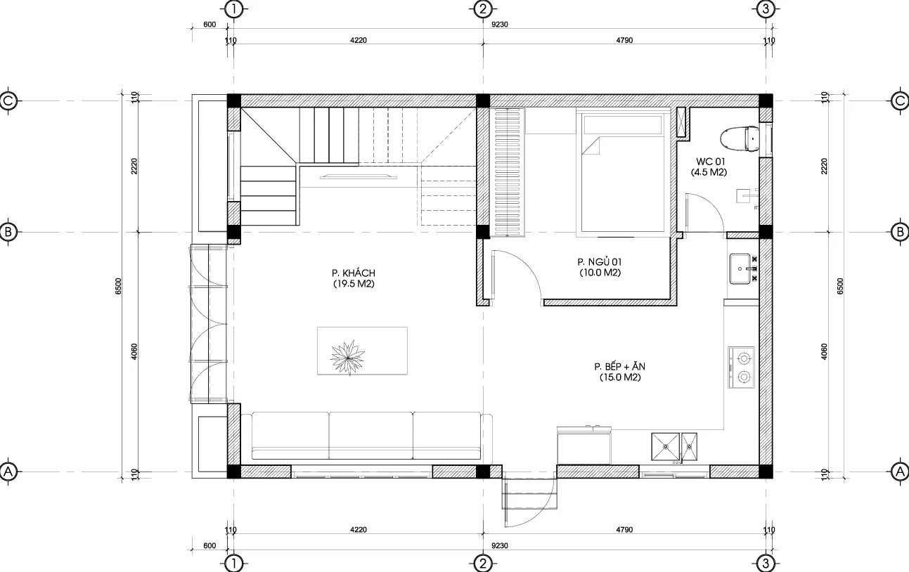 mặt bằng nhà phố 3 tầng hiện đại