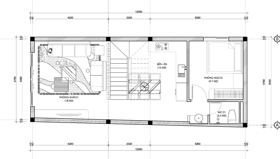 mặt bằng nhà phố 3 tầng hiện đại