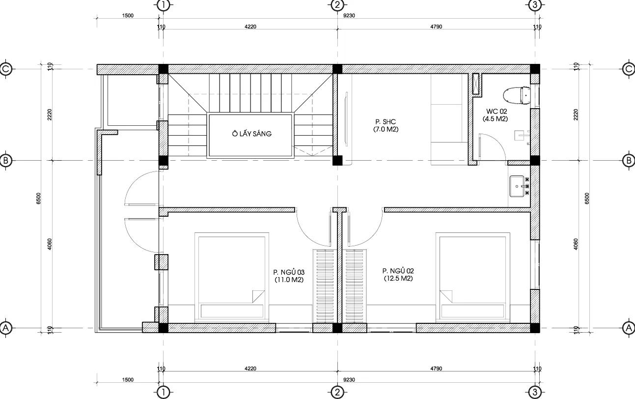 mặt bằng nhà phố 3 tầng hiện đại