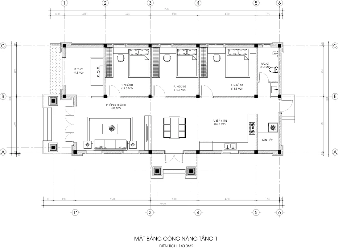 mặt bằng nhà vườn mái Nhật 1 tầng 3 phòng ngủ