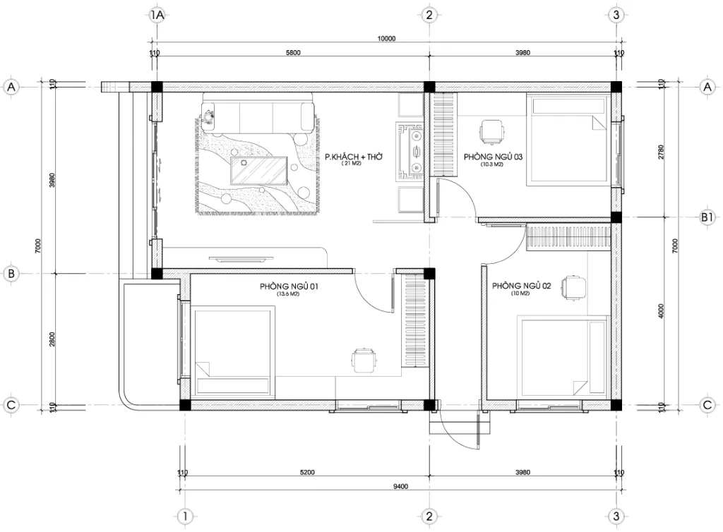 mặt bằng thiết kế nhà 1 tầng 3 phòng ngủ