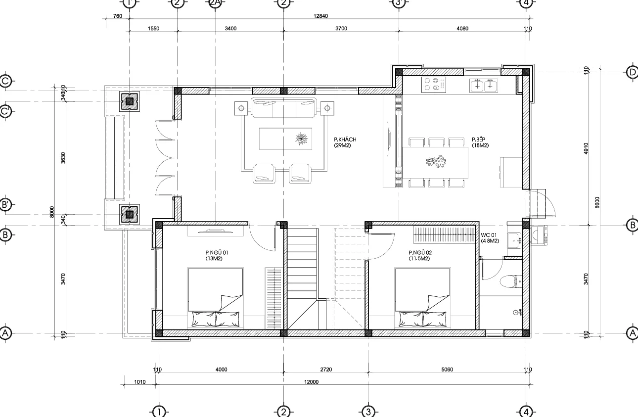 mặt bằng thiết kế nhà mái Nhật 2 tầng