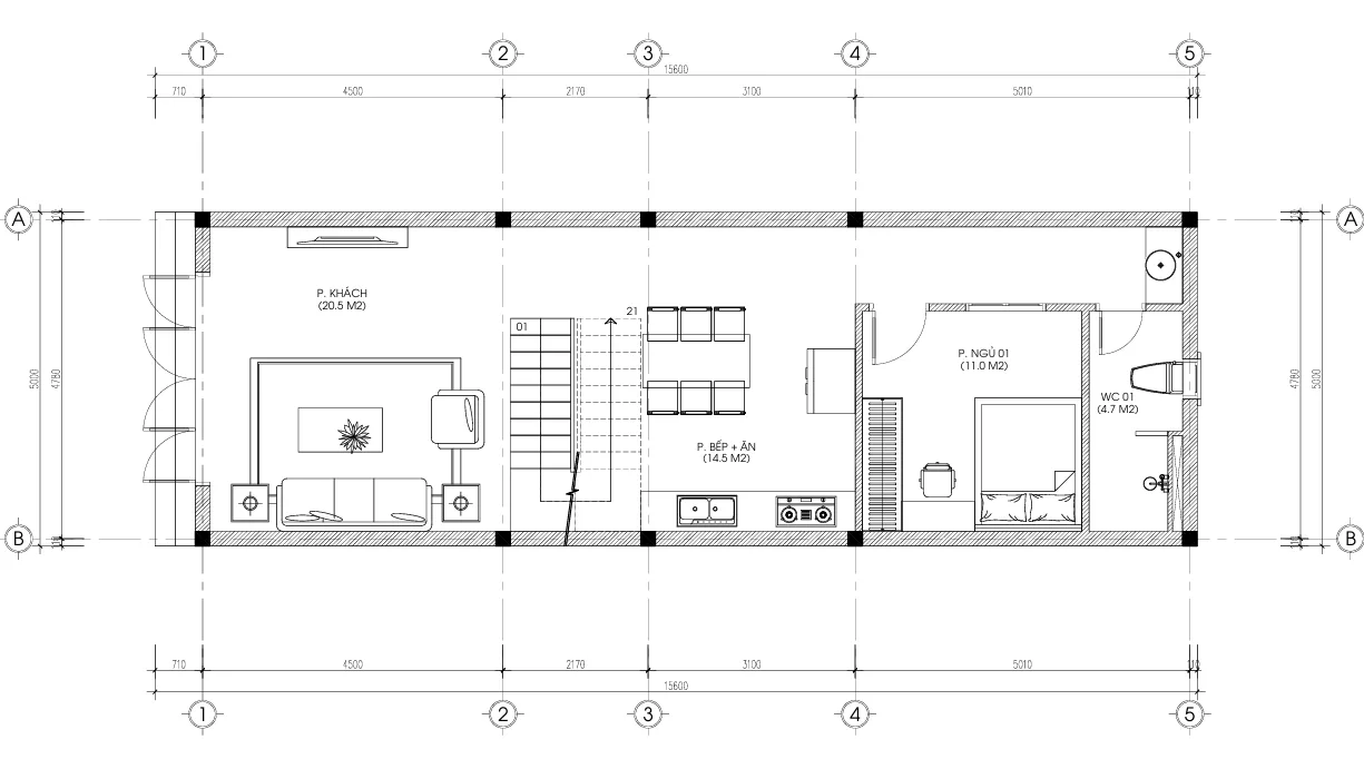 mặt bằng thiết kế nhà ống 3 tầng hiện đại