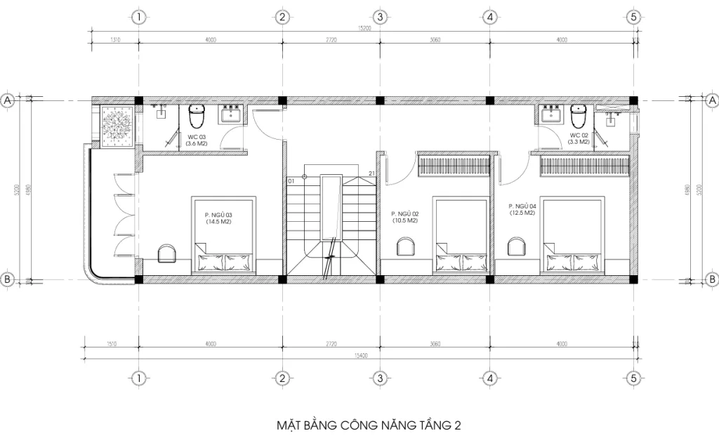 mặt bằng thiết kế nhà phố 2 tầng 1 tum