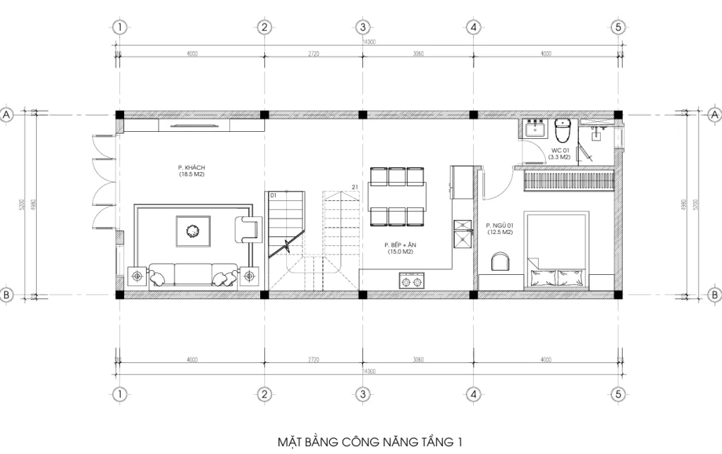 mặt bằng thiết kế nhà phố 2 tầng 1 tum