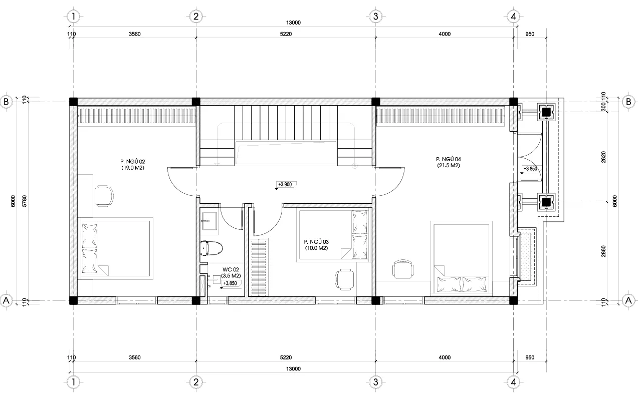 mặt bằng thiết kế nhà phố 3 tầng mái thái