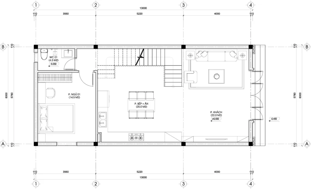 mặt bằng thiết kế nhà phố 3 tầng mái thái