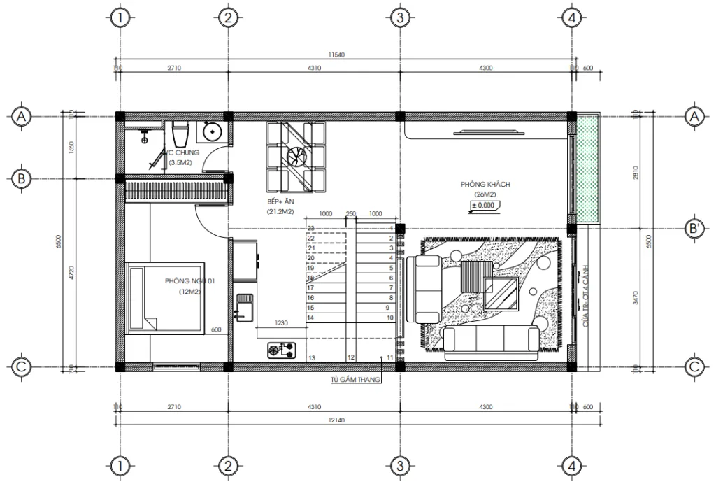 Bản vẽ bố trí công năng tầng 1 mẫu nhà 2 tầng 1 tum hiện đại 4 phòng ngủ diện tích 74m2 sàn.