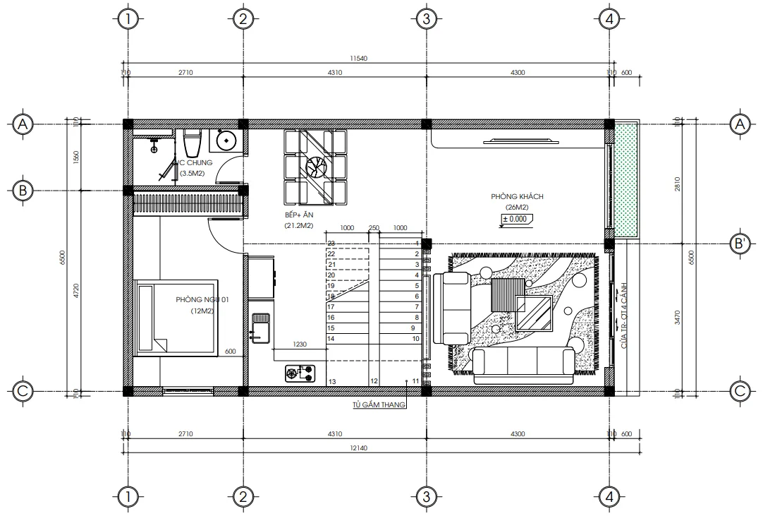 Bản vẽ bố trí công năng tầng 1 mẫu nhà 2 tầng 1 tum hiện đại 4 phòng ngủ diện tích 74m2 sàn.