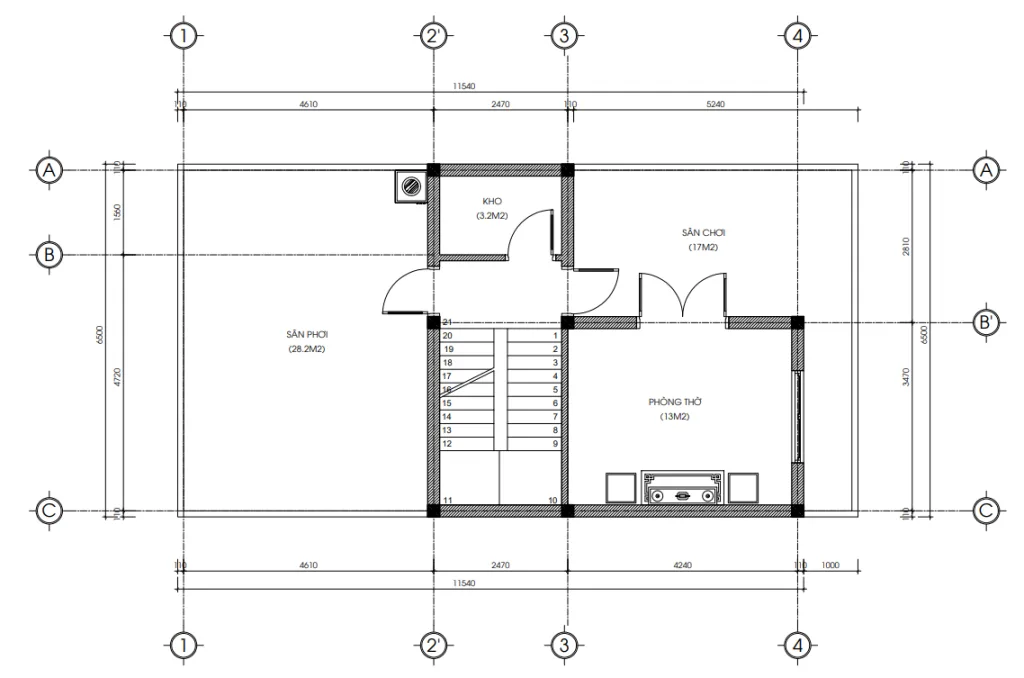 Bản vẽ bố trí công năng tầng 3 mẫu nhà 2 tầng 1 tum hiện đại 4 phòng ngủ diện tích 33m2 sàn.