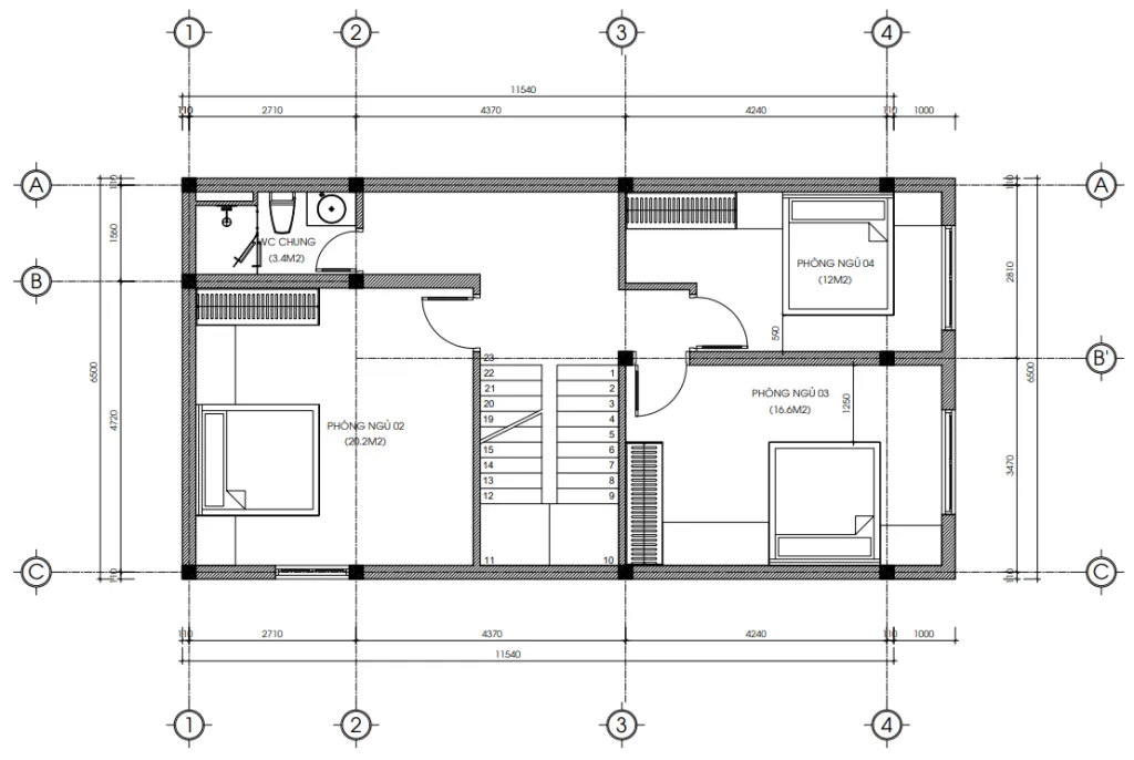 Bản vẽ bố trí công năng tầng 2 mẫu nhà 2 tầng 1 tum hiện đại 4 phòng ngủ diện tích 78m2 sàn.