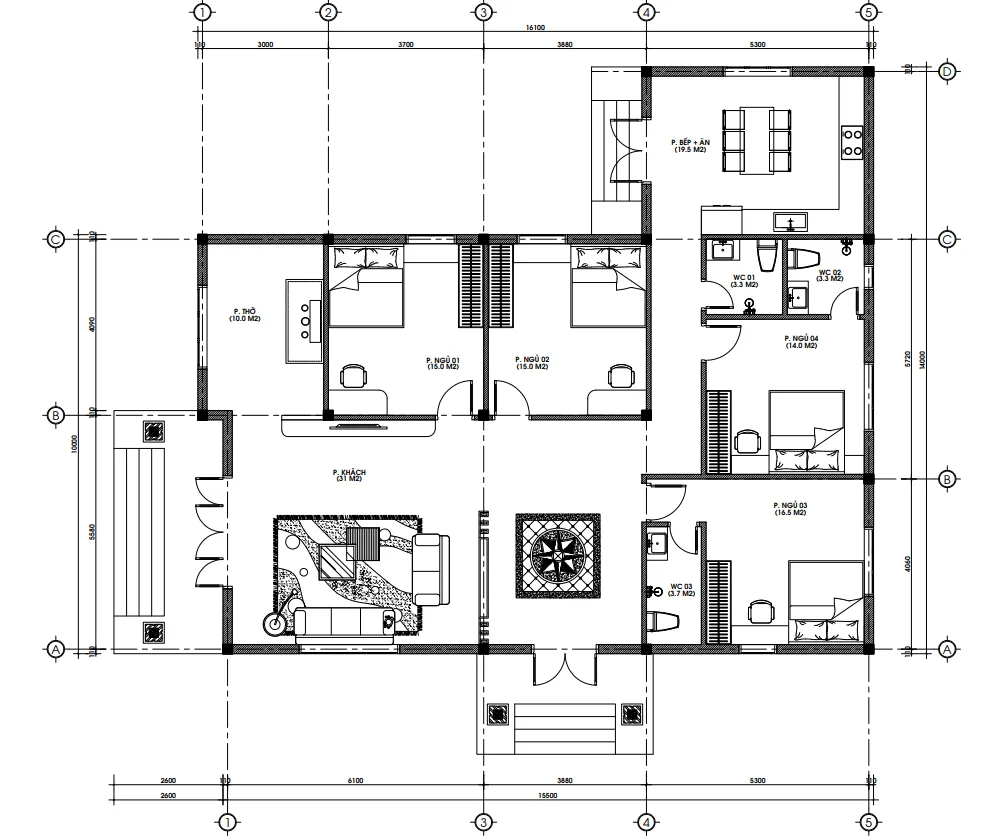 Bản vẽ bố trí công năng mẫu nhà vườn mái Nhật 1 tầng 4 phòng ngủ của gia đình anh Sơn.