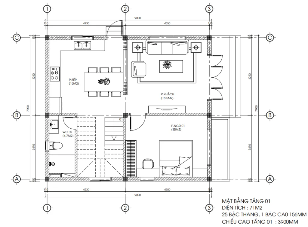 Bản vẽ bố trí công năng tầng 1 mẫu nhà 2 tầng 1 tum hiện đại diện tích 7x9m.