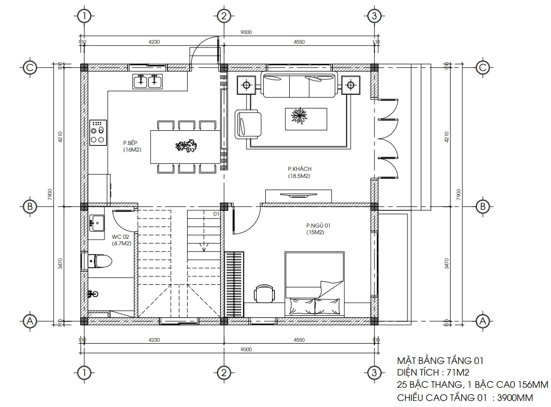 Bản vẽ bố trí công năng tầng 1 mẫu nhà 2 tầng 1 tum hiện đại diện tích 7,9x9m.