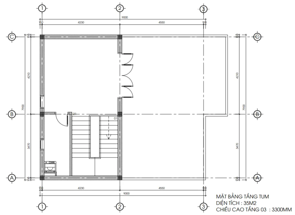 Bản vẽ bố trí công năng tầng tum mẫu nhà 2 tầng 1 tum hiện đại diện tích 7,9x9m.
