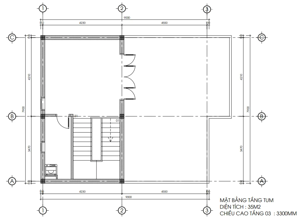Bản vẽ bố trí công năng tầng tum mẫu nhà 2 tầng 1 tum hiện đại diện tích 7,9x9m.